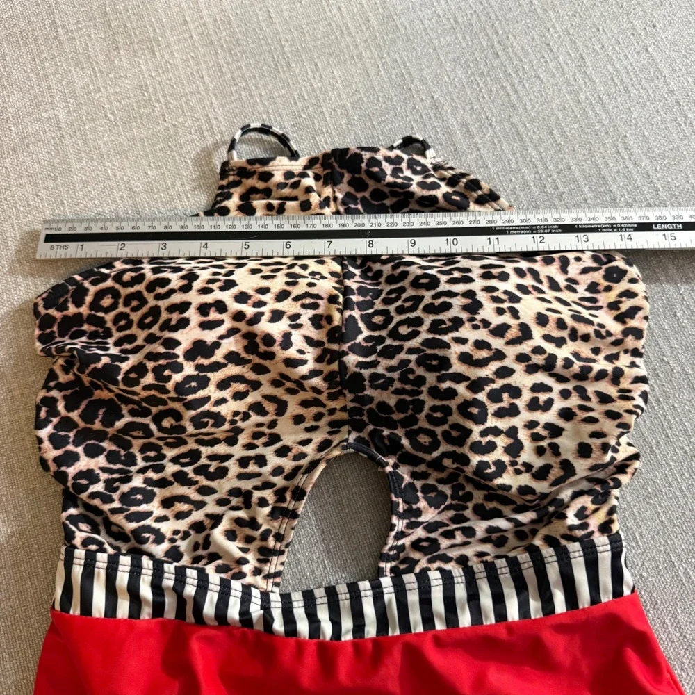 Leopard‎ Print Cut Out One Piece Swimsuit Red Bottom Striped Waistband Monokini